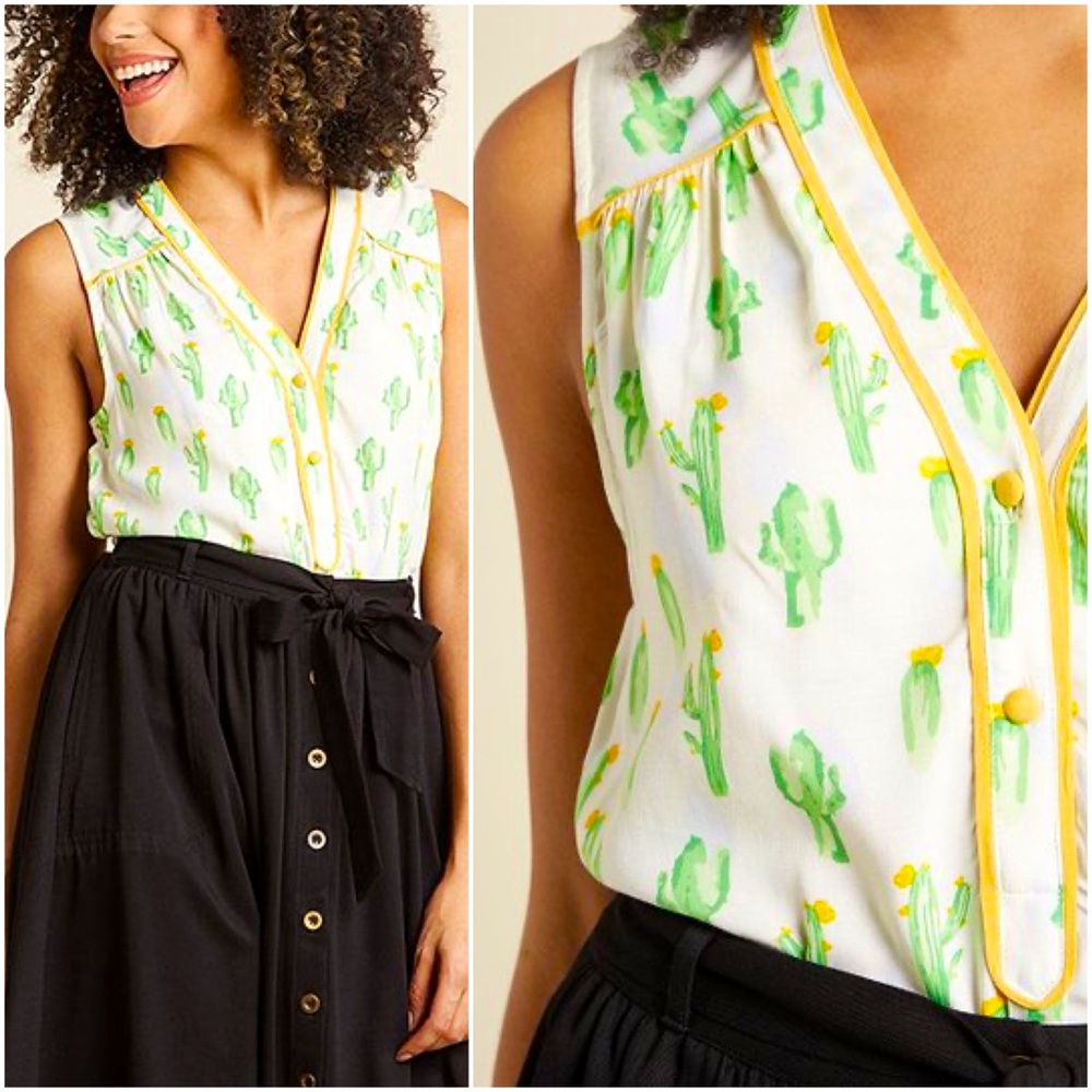 Modcloth Cactus Print Cafe Au Soleil Sleeveless Retro Top